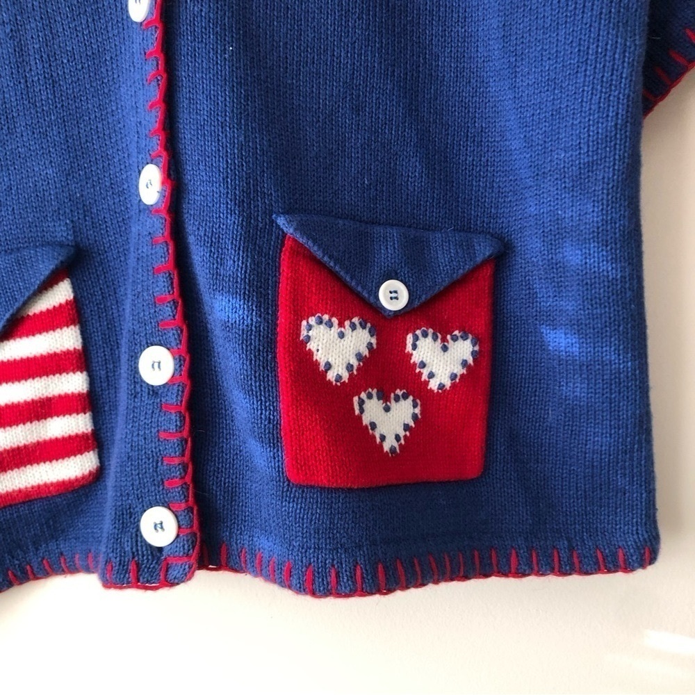 80s Vintage Americana Stars & Stripes Heart Patch Patriotic Cardigan Sweater XL - Picture 8 of 14